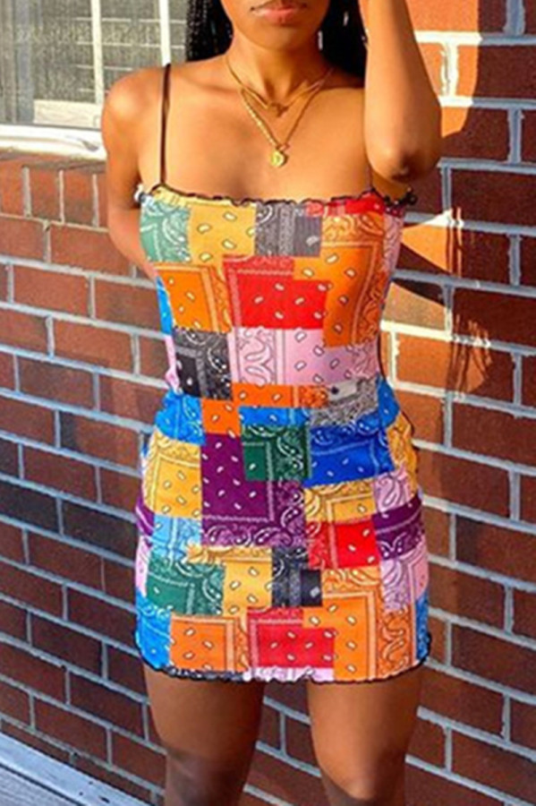 Multicolor Fashion Sexy Print Backless Spaghetti Strap Ärmelloses Kleid