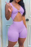 Purple Sexy Solid Hollowed Out V Neck Skinny Rompers