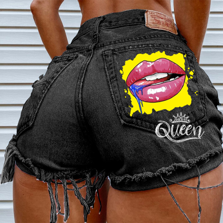Black Casual Print Ripped Buckle Mid Waist Skinny Denim Shorts