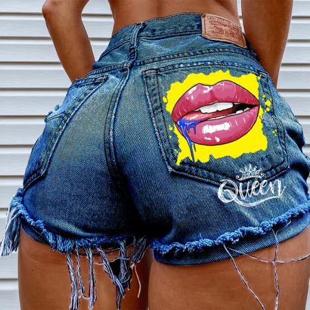 Dark Blue Casual Print Ripped Buckle Mid Waist Skinny Denim Shorts