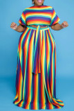 Colore arcobaleno moda casual a righe stampa fasciatura scollo a V taglie forti due pezzi