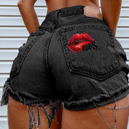 Black Casual Print Patchwork Mid Waist Skinny Denim Shorts