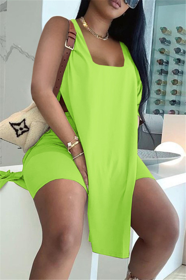 Fluorescent Green Fashion Casual Solid Slit U Neck Sleeveless Two Pieces Tank Tops And Shorts Sets