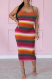 Vestido sem mangas com estampa sexy cor de arco-íris sem costas e alça de espaguete