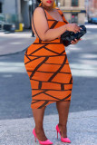 オレンジ色のファッションセクシーなプリントスリットUネックベストドレス