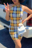 Yellow Casual Plaid Solid Patchwork Frenulum Halter A Line Dresses