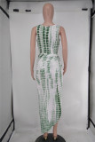 Green Fashion Sexy Print Hollowed Out Boat Neck Sleeveless Two Pieces Swimwears