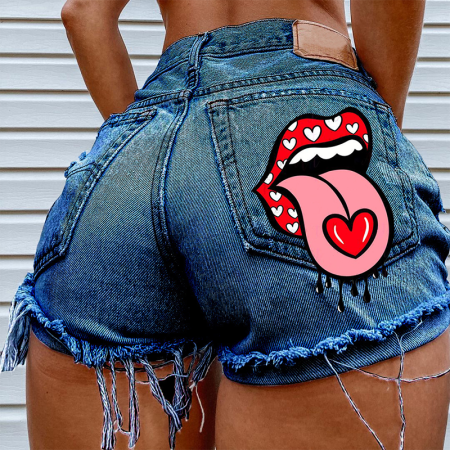 Dark Blue Casual Print Mid Waist Skinny Denim Shorts