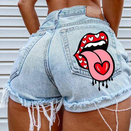 Baby Blue Casual Print Mid Waist Skinny Denim Shorts