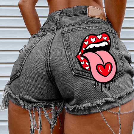 Grey Casual Print Mid Waist Skinny Denim Shorts