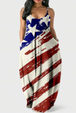 Cream White Street Flag Star Print Patchwork O Neck Lantern Skirt  Loose Cami Maxi Dress