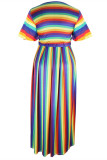 Цвет радуги Модный повседневный полосатый принт Бандаж с V-образным вырезом Плюс Размер Две части