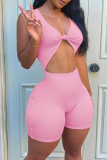 Pink Sexy Solid Hollowed Out V Neck Skinny Rompers