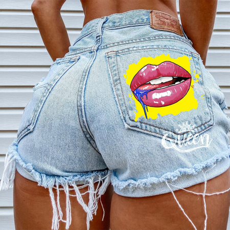 Baby Blue Casual Print Ripped Buckle Mid Waist Skinny Denim Shorts