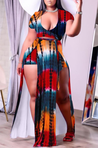 Rood Blauw Sexy Casual Print Slit V-hals Plus Size Two Pieces