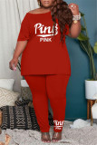 Rose Red Fashion Casual Letter Print Basic O-Ausschnitt Plus Size Two Pieces