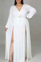 Weißes, elegantes, solides Patchwork-Frenulum mit hoher Öffnung und V-Ausschnitt, langärmligen Kleidern in Übergröße