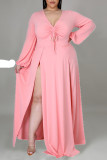 Robes de grande taille rose élégant patchwork solide frenulum ouverture haute col en V manches longues