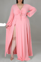 Rosa elegante sólido patchwork frênulo abertura alta decote em V manga longa vestidos tamanho grande