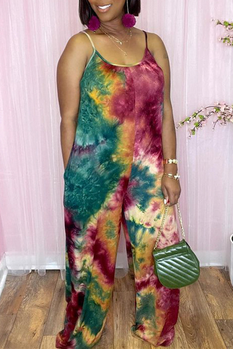 

Red Green Fashion Casual Tie Dye Printing Spaghetti Strap Regular Jumpsuits