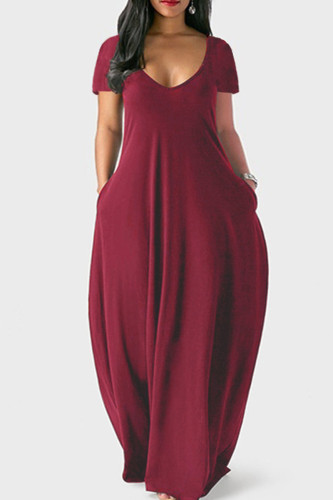 Burgundy Casual Solid Split Joint Pocket V Neck Short Sleeve Dress Dresses