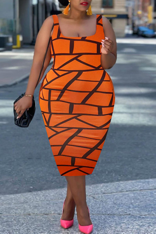 オレンジ色のファッションセクシーなプリントスリットUネックベストドレス