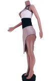 Абрикосовое модное сексуальное лоскутное платье без рукавов с круглым вырезом
