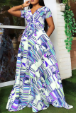 Paarse casual print patchwork v-hals cake rok jurken