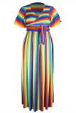 Colore arcobaleno moda casual a righe stampa fasciatura scollo a V taglie forti due pezzi