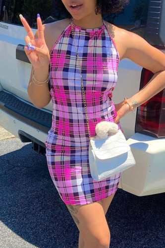 Rose Red Casual Plaid Solid Patchwork Frenulum Halter A Line Dresses