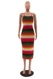 Rainbow Color Fashion Sexy Print Backless Spaghetti Strap Sleeveless Dress