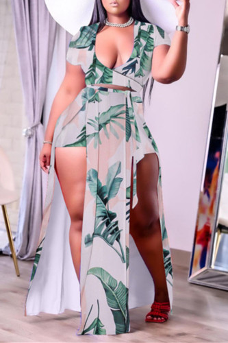Groene Sexy Casual Print Split V-hals Plus Size Two Pieces