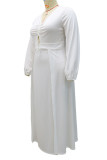 White Elegant Solid Patchwork Frenulum High Opening V Neck Long Sleeve Plus Size Dresses