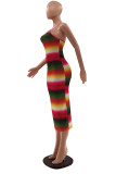 Vestido sin mangas con correa de espagueti sin espalda con estampado sexy de moda de color arcoíris