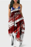 Cream White Street Flag Star Print Patchwork O Neck Lantern Skirt  Loose Cami Maxi Dress