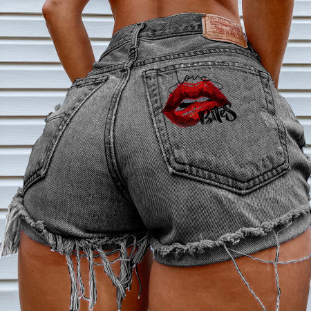 Grey Casual Print Patchwork Mid Waist Skinny Denim Shorts
