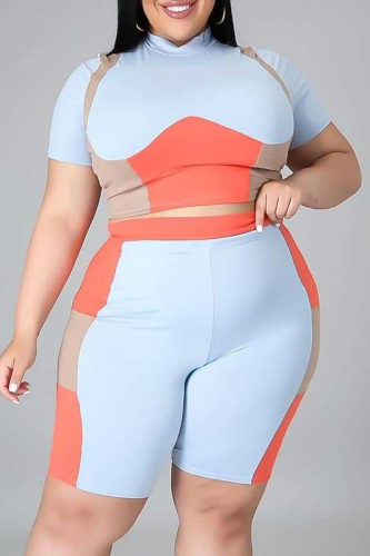 Light Blue Sexy Color Block Patchwork Half A Turtleneck Plus Size Two Pieces