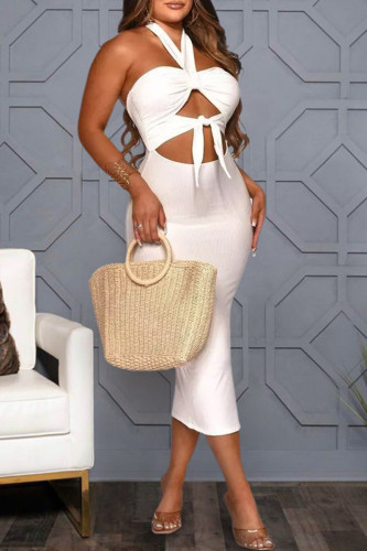 White Fashion Sexy Solid Hollowed Out Backless Halter Strapless Dress