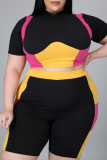 Preto Sexy Color Block Patchwork Meia Gola Alta Plus Size Duas Peças