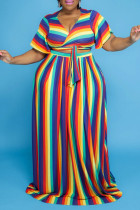 Bandagem com estampa listrada cor arco-íris moda casual decote em V plus size duas peças
