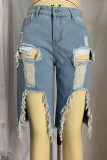 Light Color Fashion Casual Solid Ripped High Waist Regular Jeans
