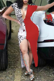 Rote sexy Leoparden-Patchwork-Kleider mit V-Ausschnitt und unregelmäßigem Kleid
