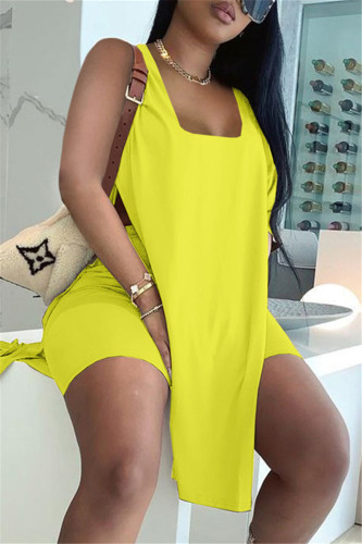 Yellow Fashion Casual Solid Slit U Neck Sleeveless Two Pieces Tank Tops And Shorts Sets