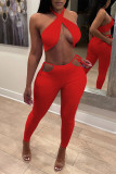 Watermelon Red Fashion Sexy Solid Backless Halter Sleeveless Two Pieces