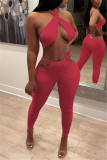 Watermelon Red Fashion Sexy Solid Backless Halter Sleeveless Two Pieces
