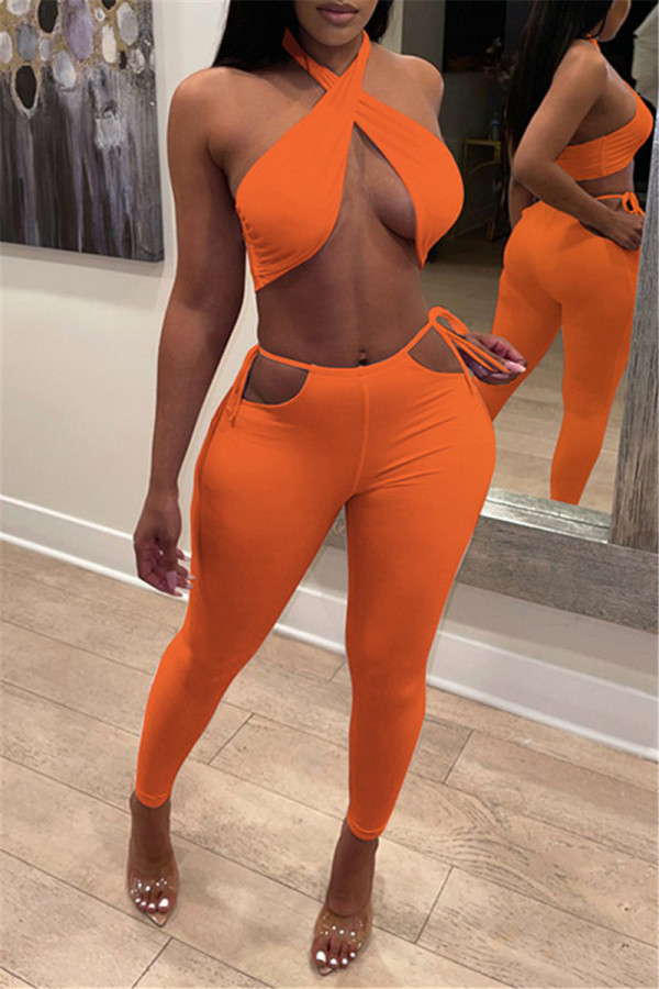 Orange Fashion Sexy Solid Backless Halfter Ärmellos Zweiteiler