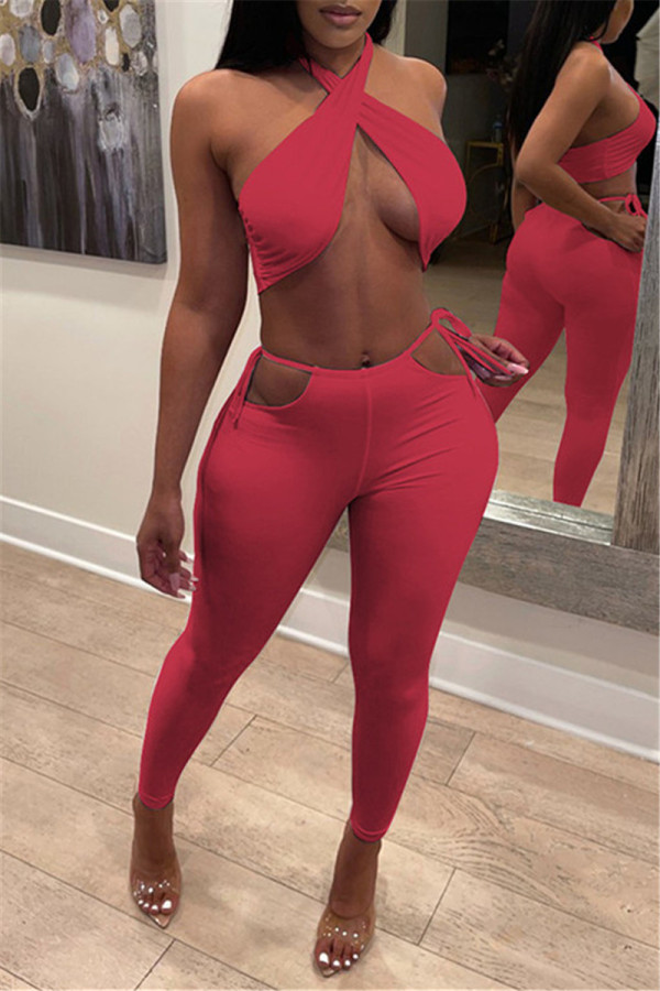 Cabresto sem mangas vermelho melancia moda sexy sólido sem costas duas peças