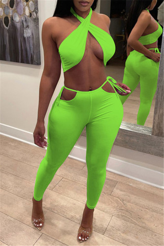 Green Fashion Sexy Solid Backless Halter Sleeveless Two Pieces