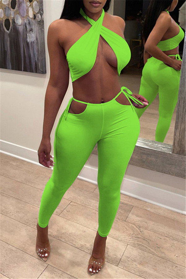 Groene mode Sexy effen rugloos halter mouwloos tweedelige set