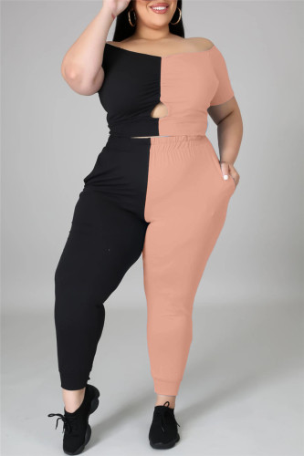 Patchwork casual fashion rosa vazado no ombro plus size duas peças